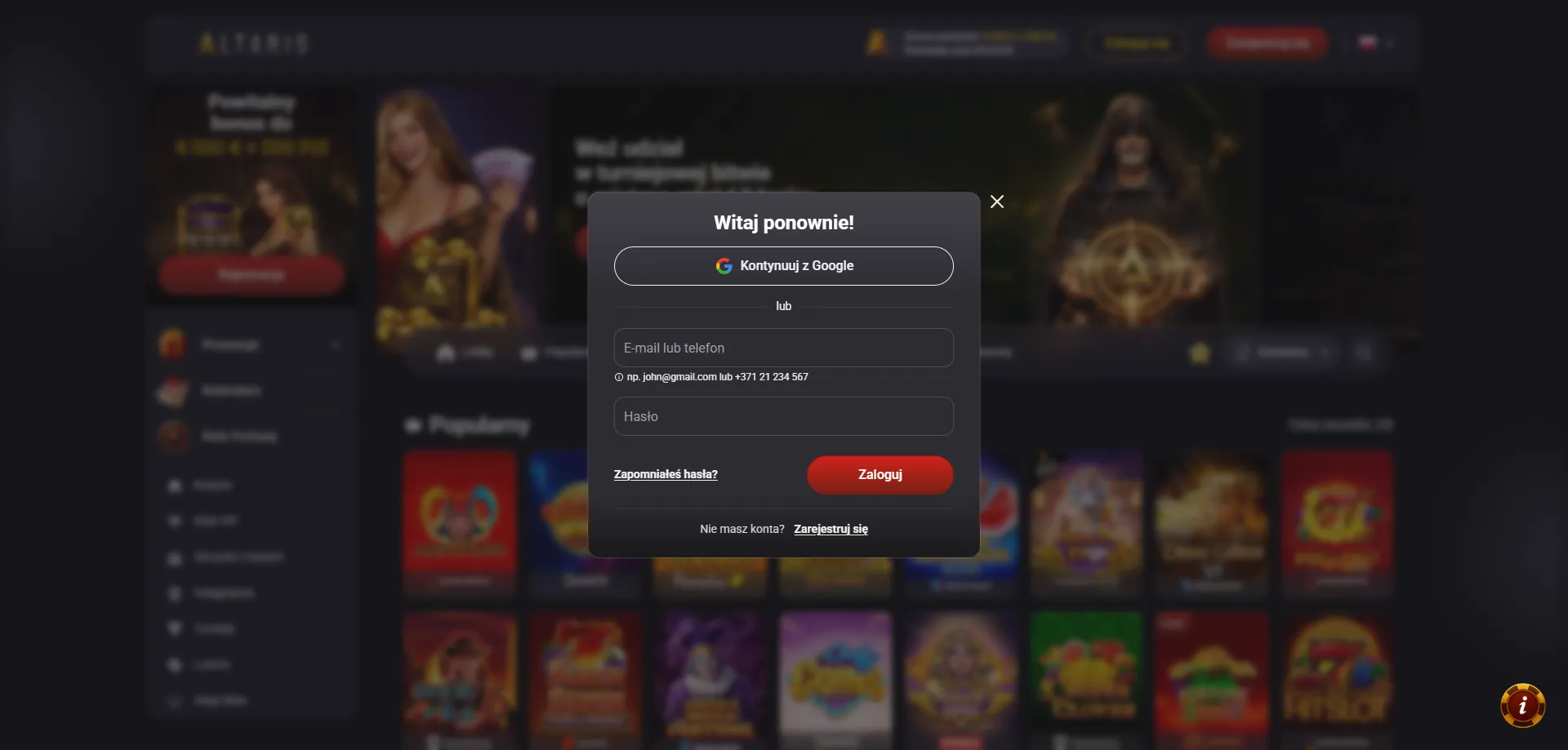 Altaris Casino login – dostęp do konta gracza na prawdziwe pieniądze