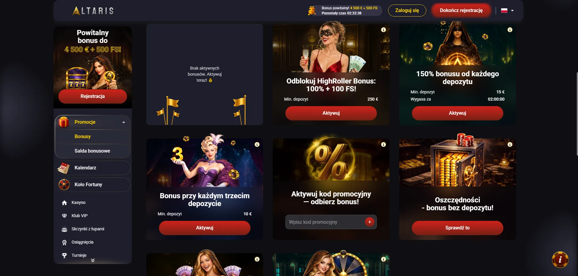 Altaris Casino bonus powitalny do &euro;1500 plus darmowe spiny